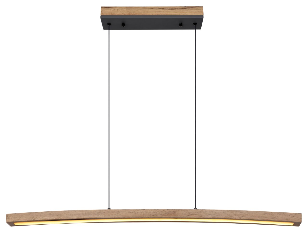 Moderne Hängeleuchte aus Holz mit gebogenem Design, von vorne betrachtet.