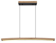 Moderne Hängeleuchte aus Holz mit gebogenem Design, von vorne betrachtet.