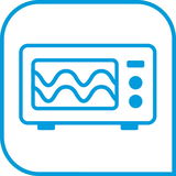 Symbol einer Mikrowelle in blauer Farbe, frontal betrachtet.