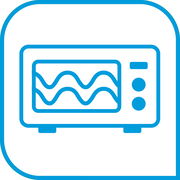 Symbol einer Mikrowelle in blauer Farbe, frontal betrachtet.