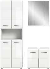 Moderne weiße Badkombination mit Spiegelschrank, Hochschrank und Unterschrank, frontal abgebildet.