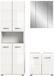 Moderne weiße Badkombination mit Spiegelschrank, Hochschrank und Unterschrank, frontal abgebildet.