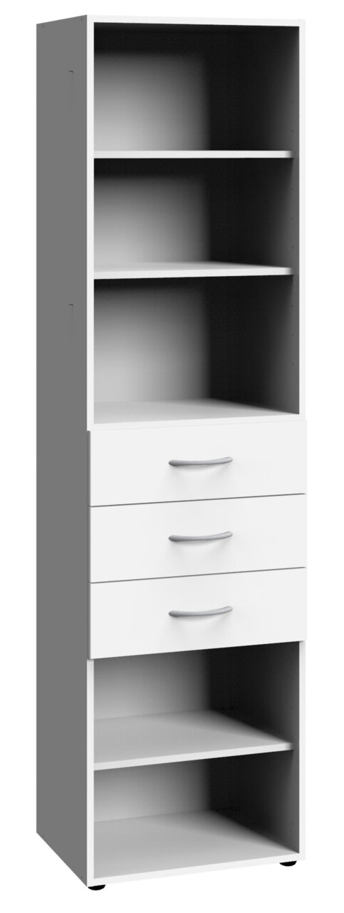 XORA Regal hoch MULTIRAUMKONZEPT Hohes Regal mit mehreren offenen Fächern und drei Schubladen, seitliche Perspektive
