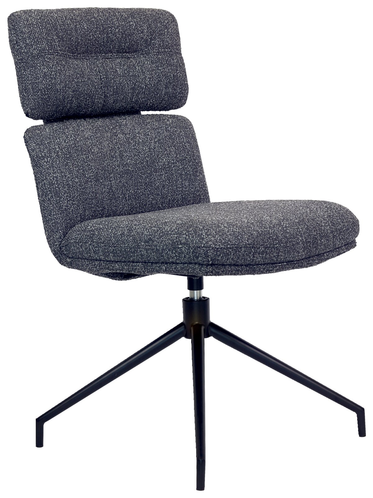 Dieter Knoll Stuhl PABLO Moderner grauer Stuhl mit gepolsterter Rückenlehne und Sitzfläche, auf einem schwarzen Metallgestell mit drei Beinen, seitliche Perspektive.