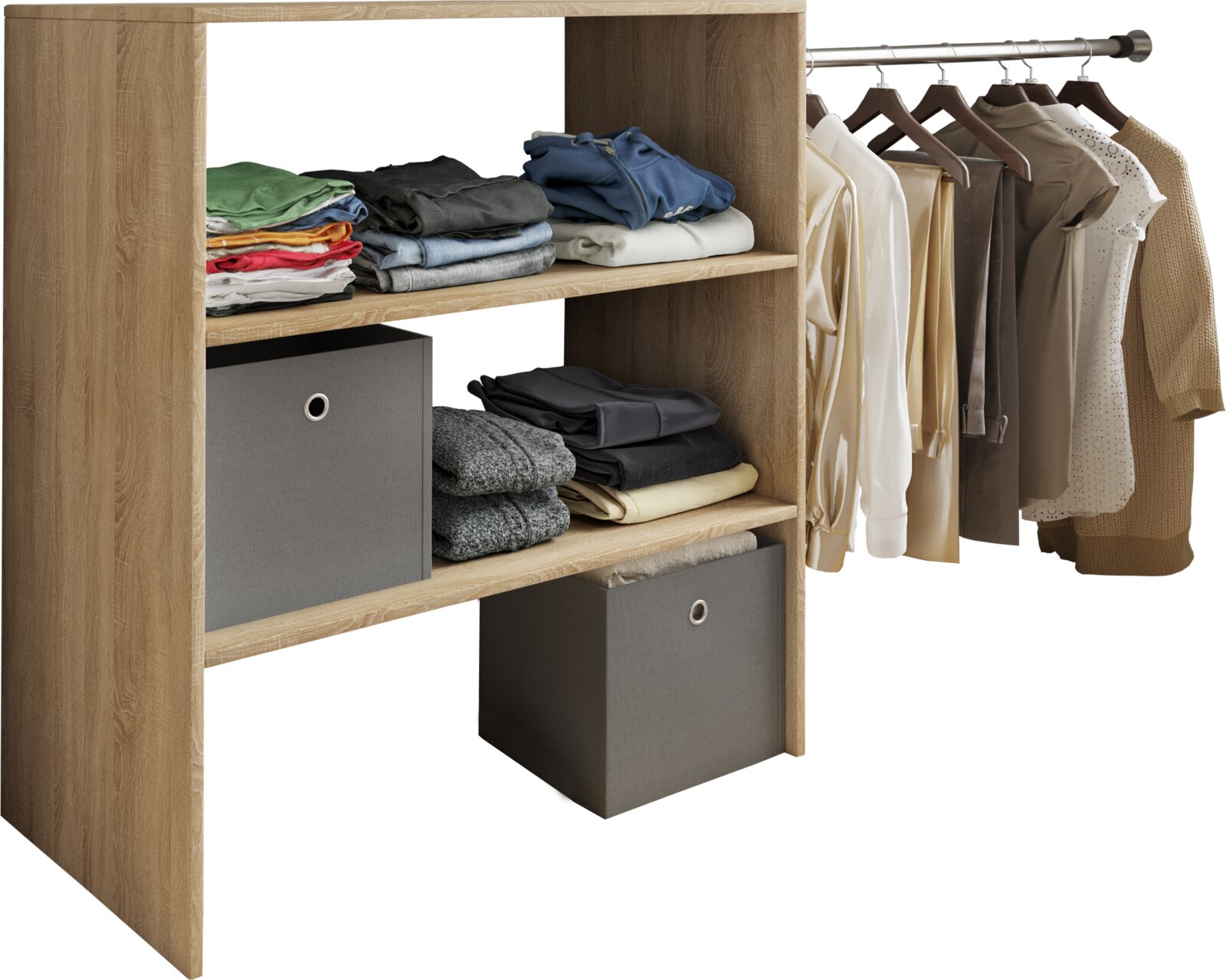 Offener Kleiderschrank-Einsatz in Holzoptik mit Regalböden und Kleiderstange, gefalteter Kleidung und grauen Aufbewahrungsboxen, Perspektive: frontale Ansicht leicht von links.