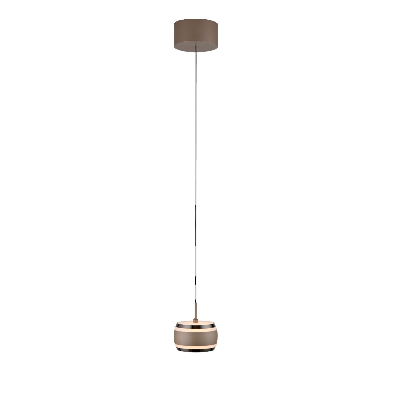 Moderne LED-Pendelleuchte in Braun, seitliche Perspektive
