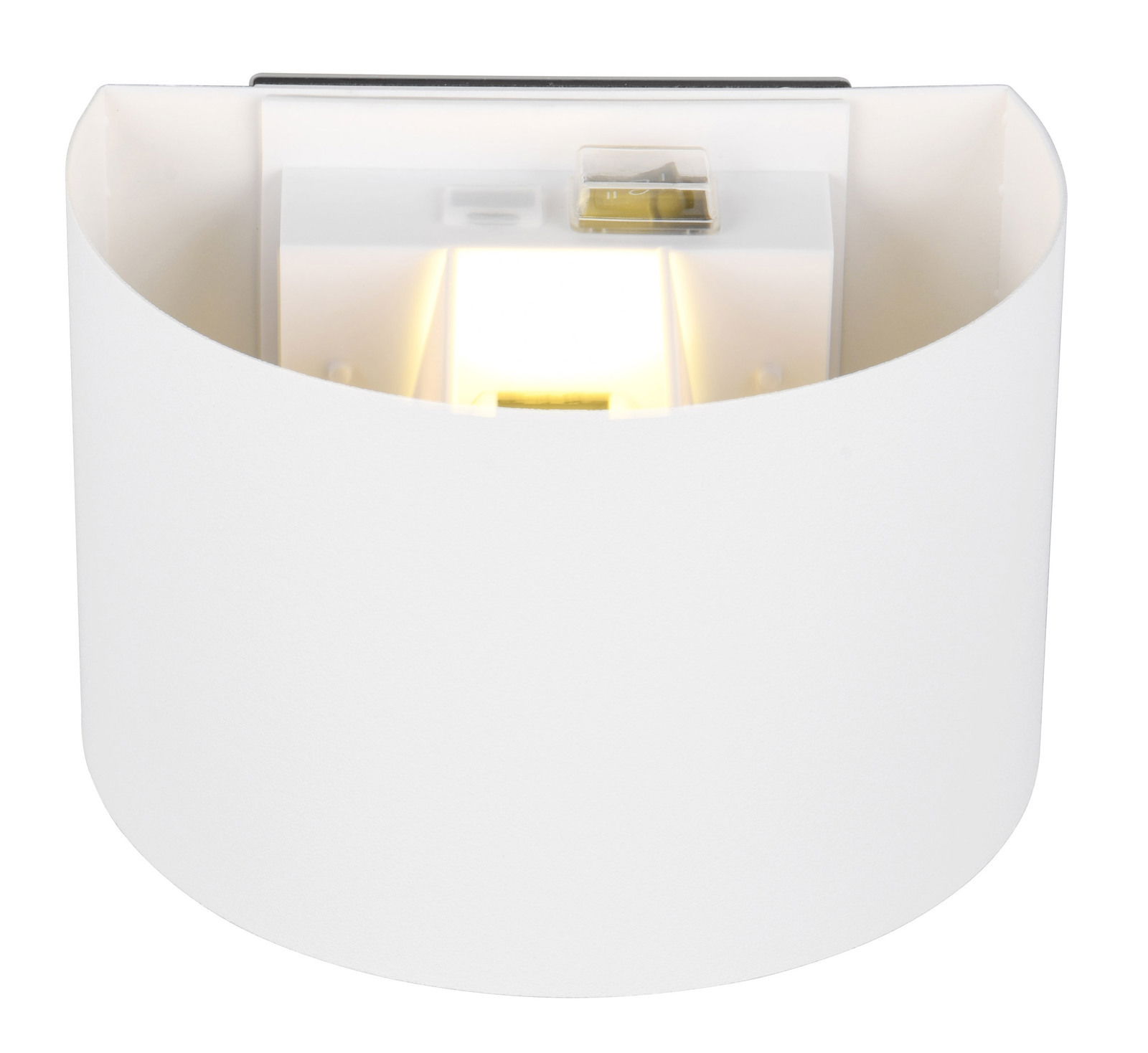 Weiße Akku Wandleuchte TALENT, frontal betrachtet, mit leuchtendem Licht.
