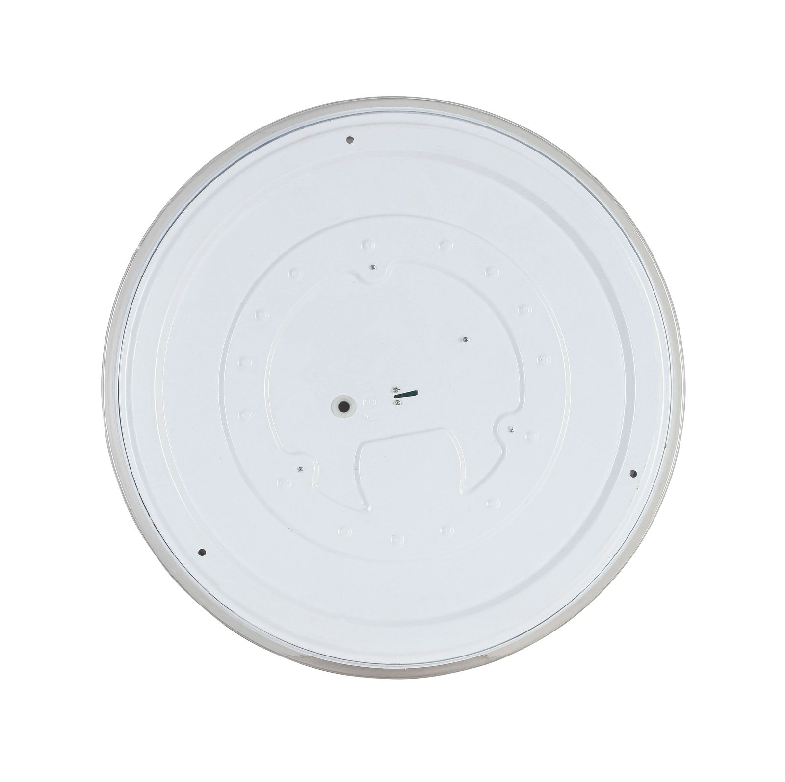 Runde LED-Deckenleuchte von unten betrachtet, zeigt die Rückseite mit Montagepunkten.