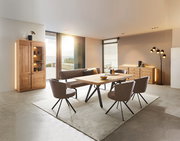 Moderner Essbereich mit Holz-Esstisch und vier gepolsterten Sesseln, seitliche Perspektive