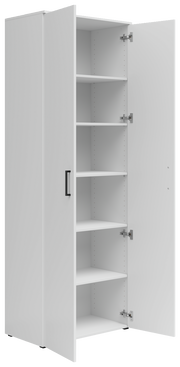 Weißer Mehrzweckschrank mit offenen Türen und mehreren Regalböden, seitliche Perspektive