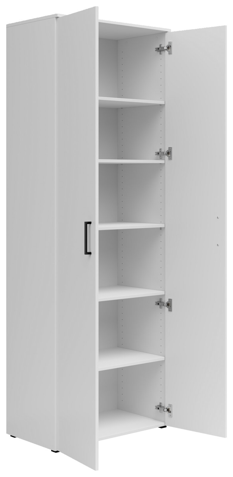 Weißer Mehrzweckschrank mit offenen Türen und mehreren Regalböden, seitliche Perspektive
