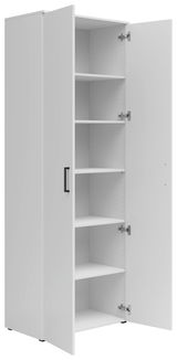 Weißer Mehrzweckschrank mit offenen Türen und mehreren Regalböden, seitliche Perspektive