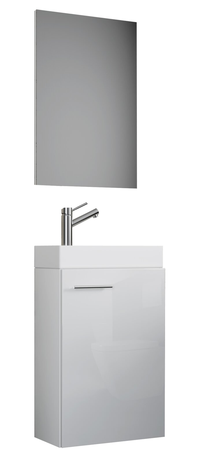 VCM 3-tlg. Gäste-Waschplatz SLITO Modernes Badmöbel-Set in Weiß mit Waschbeckenunterschrank, Aufsatzwaschbecken, verchromter Einhebelarmatur und rechteckigem Spiegel, Ansicht schräg von vorn