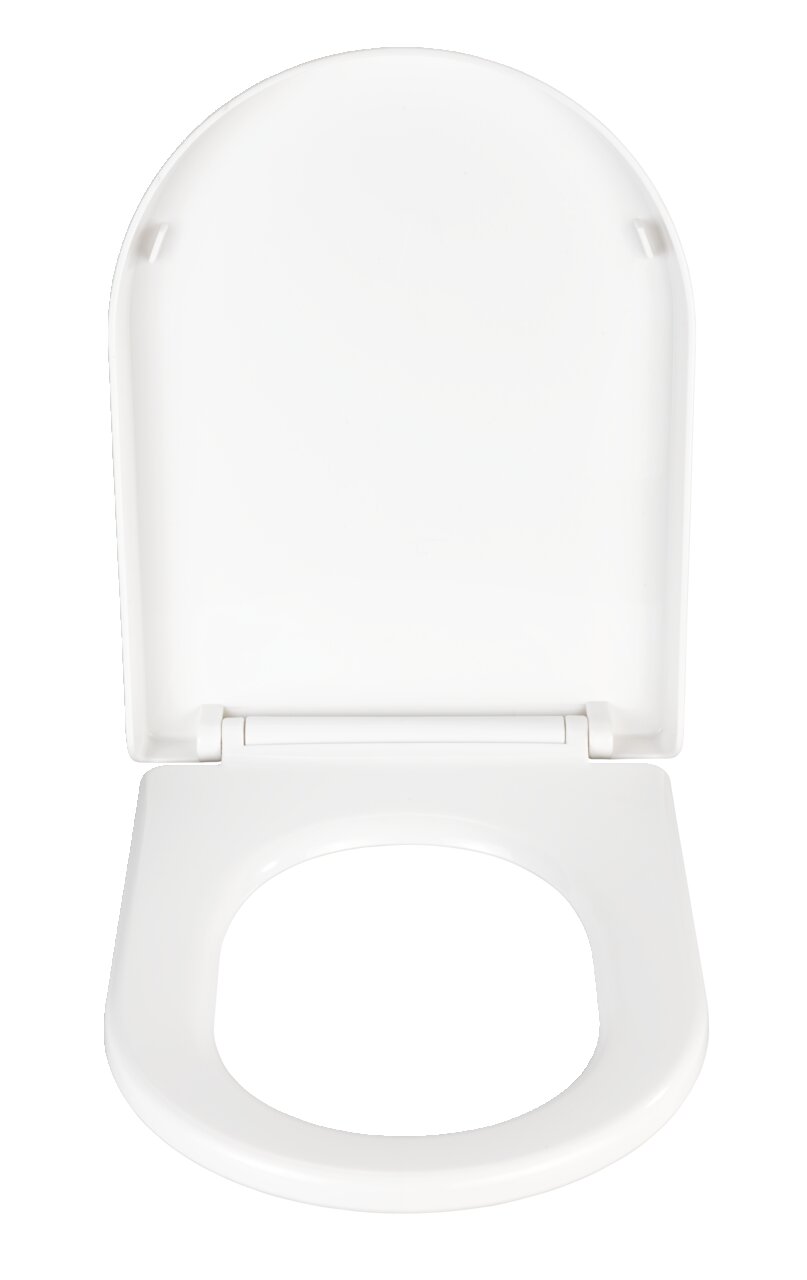 Weißer Premium WC-Sitz Calla, Ansicht von oben mit geöffnetem Deckel.