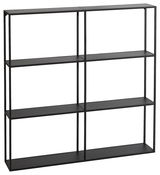 Schwarzes Wandregal mit drei Ebenen und sechs Fächern, seitliche Perspektive