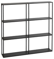 Schwarzes Wandregal mit drei Ebenen und sechs Fächern, seitliche Perspektive
