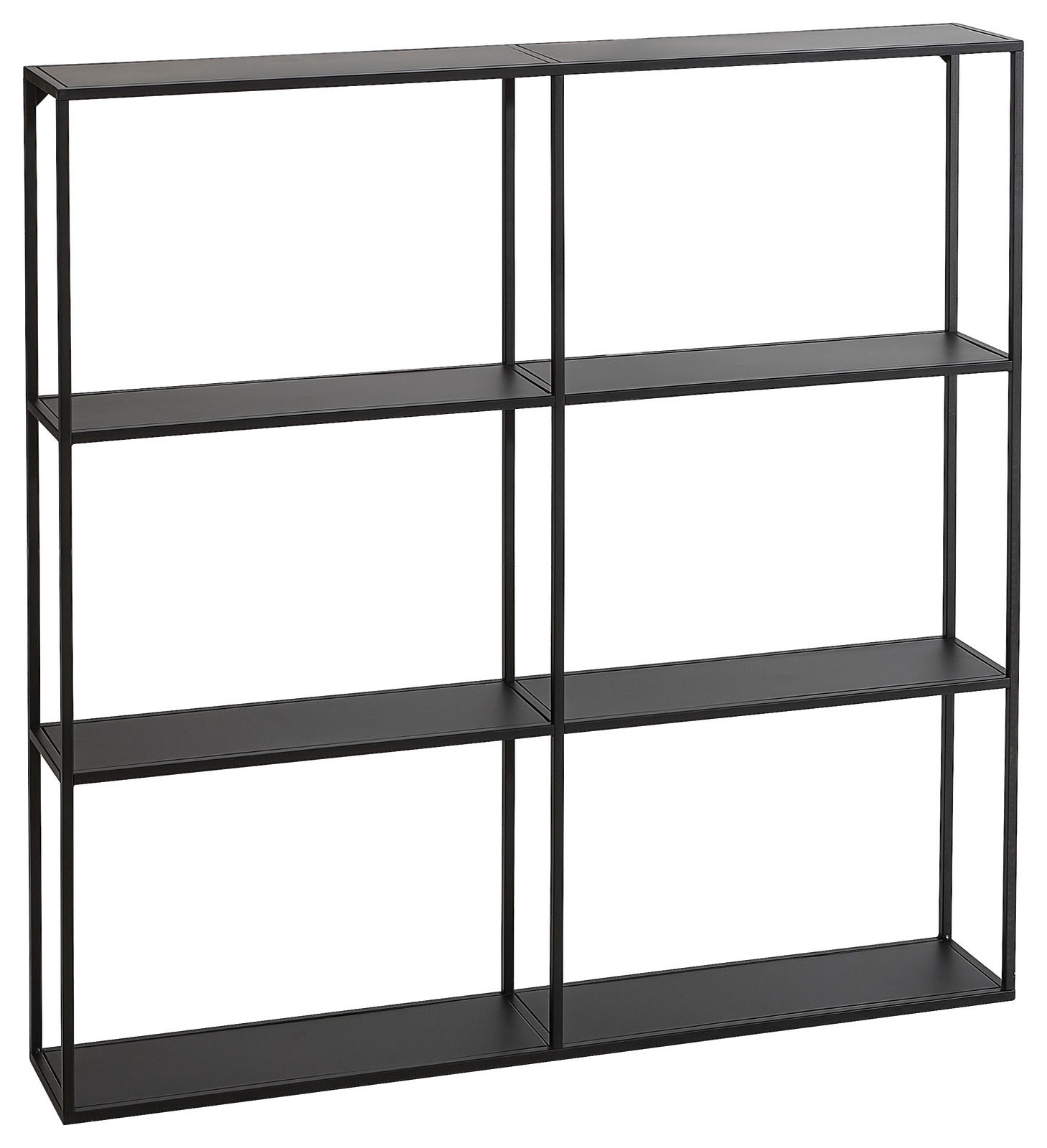 Schwarzes Wandregal mit drei Ebenen und sechs Fächern, seitliche Perspektive
