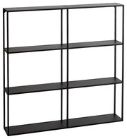 Schwarzes Wandregal mit drei Ebenen und sechs Fächern, seitliche Perspektive