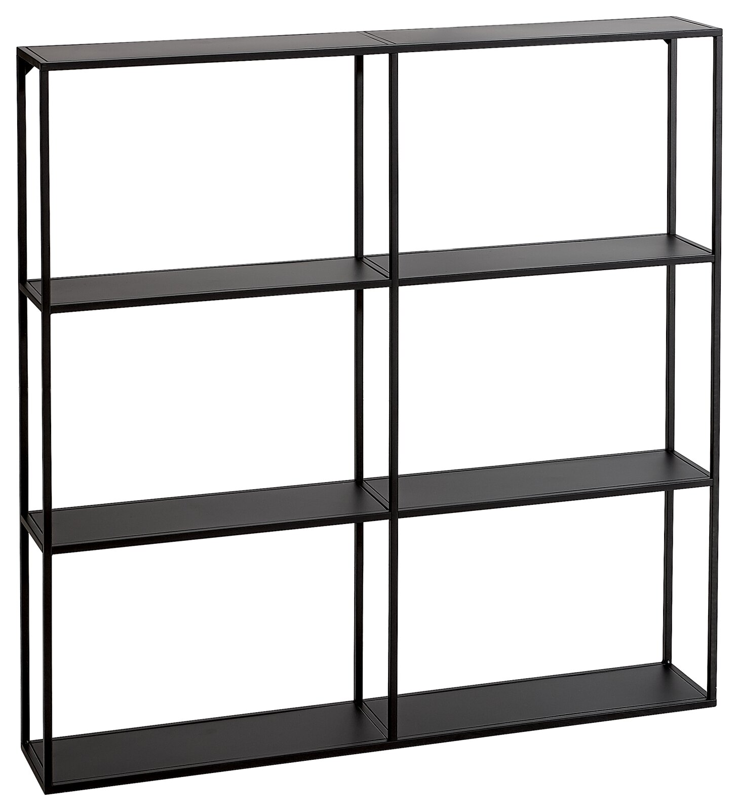 Schwarzes Wandregal mit drei Ebenen und sechs Fächern, seitliche Perspektive