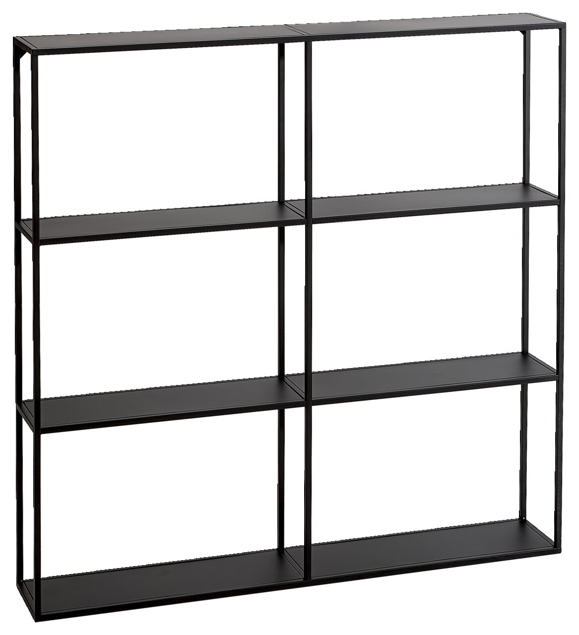 XORA Wandregal NILS Schwarzes Wandregal mit drei Ebenen und sechs Fächern, seitliche Perspektive