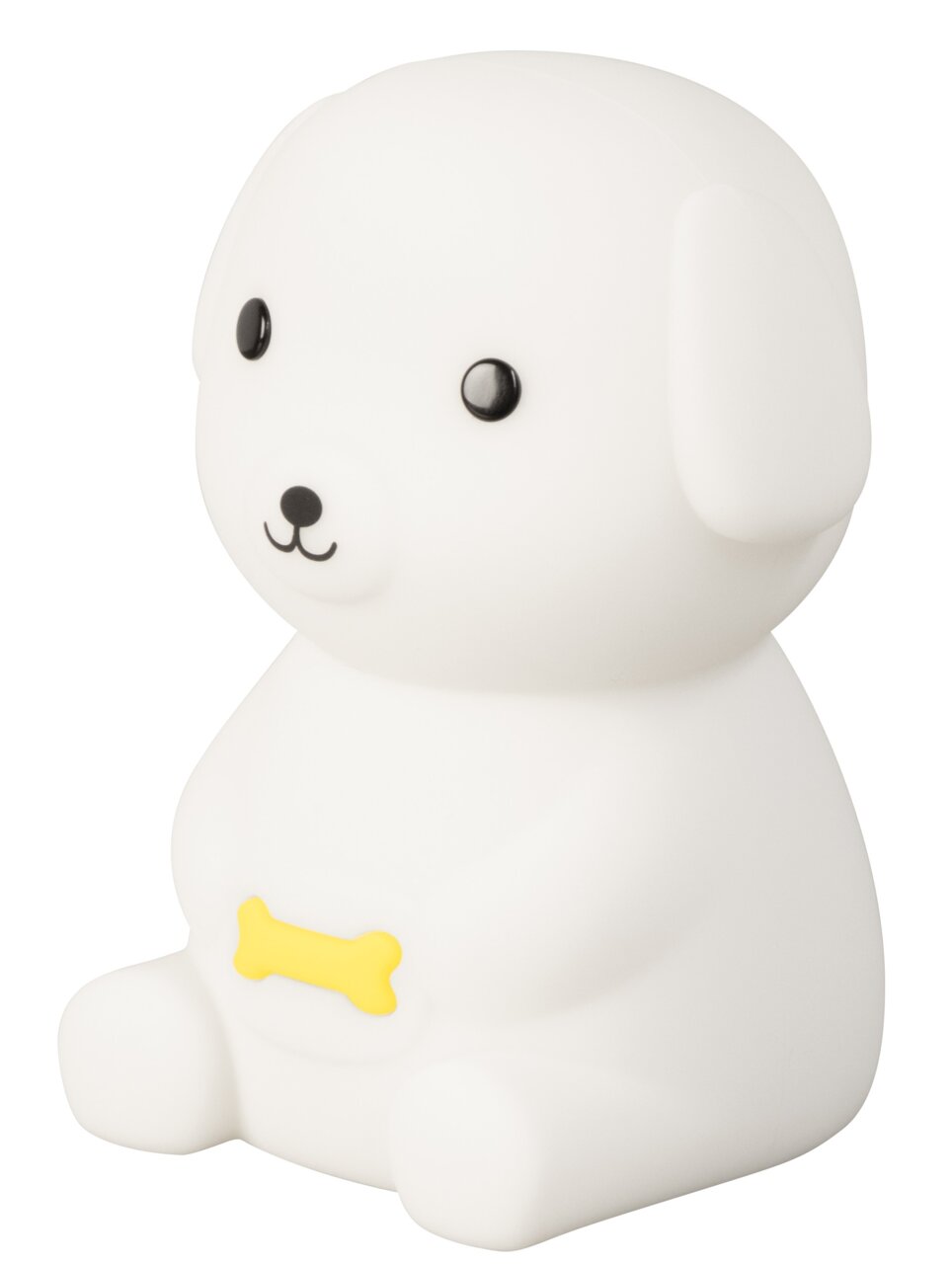FHL easy Akku-Nachtleuchte PUPPY Weiße Akku-Nachtleuchte in Form eines sitzenden Hundes mit gelbem Knochen auf der Vorderseite, seitliche Perspektive.