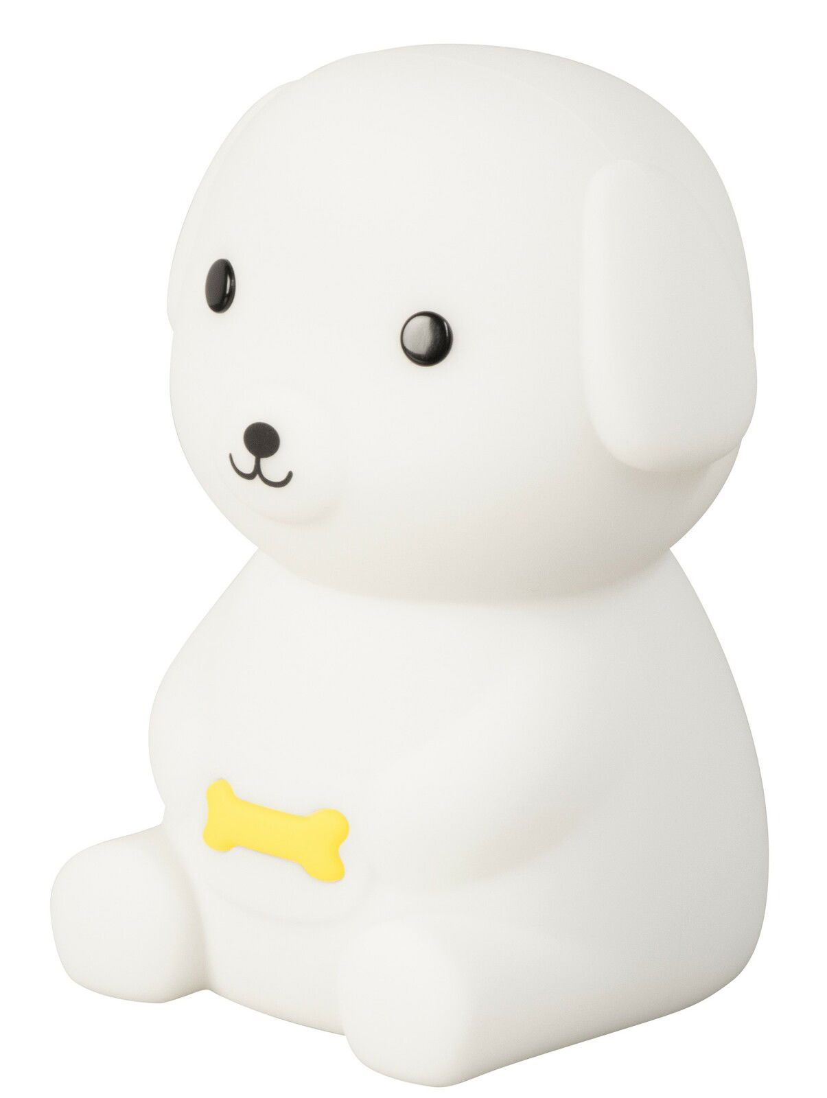 Weiße Akku-Nachtleuchte in Form eines sitzenden Hundes mit gelbem Knochen auf der Vorderseite, seitliche Perspektive.