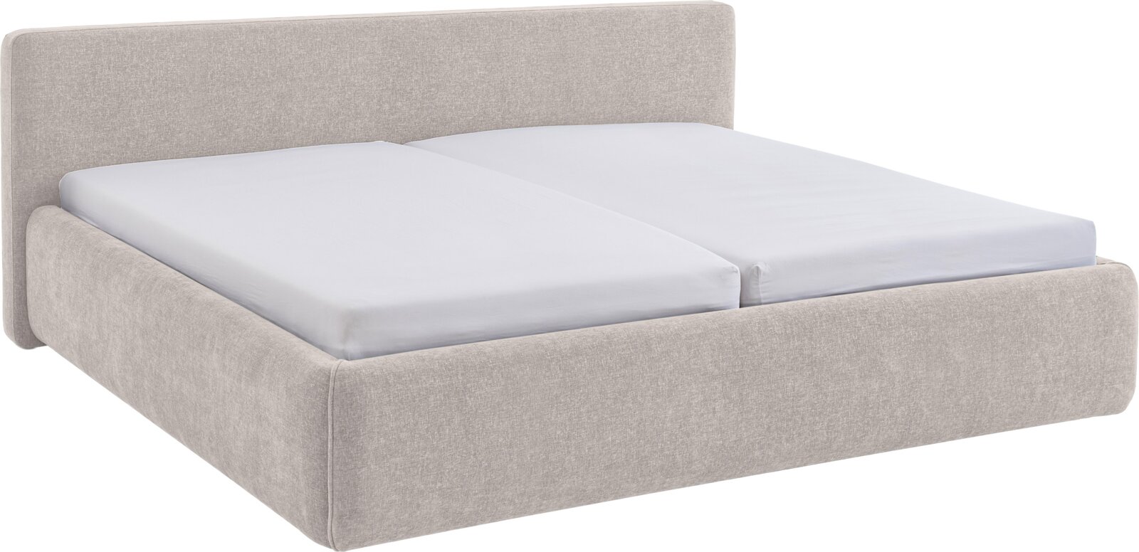 Modernes Doppelbett mit hellgrauem Stoffbezug, weich gepolstertem Kopfteil und abgerundetem Bettrahmen, aus schräger Vorderansicht gezeigt
