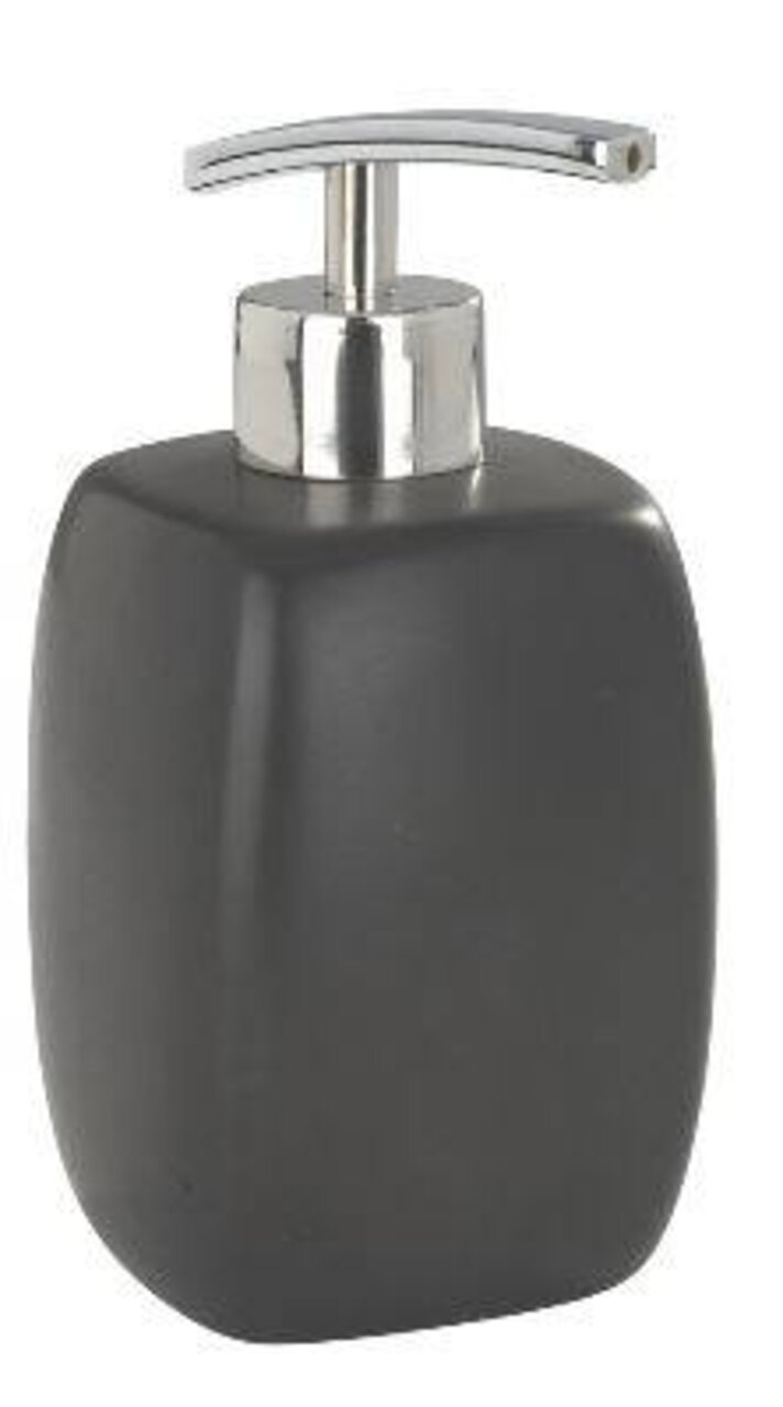 Keramik Seifenspender Faro in Schwarz mit silbernem Pumpkopf, seitliche Perspektive
