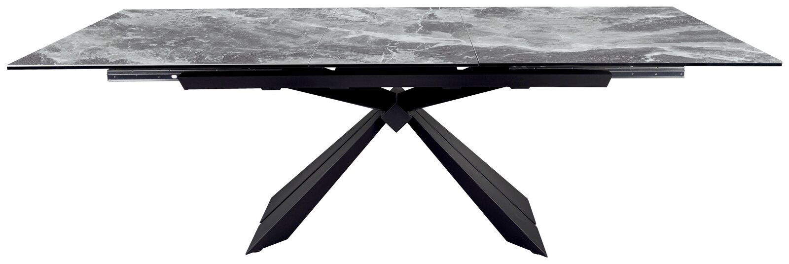 Moderner Esstisch mit grauer Marmoroptik und schwarzem, geometrischem Untergestell, seitliche Perspektive