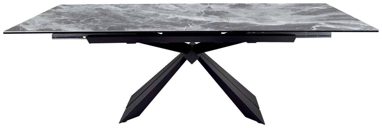 Moderner Esstisch mit grauer Marmoroptik und schwarzem, geometrischem Untergestell, seitliche Perspektive