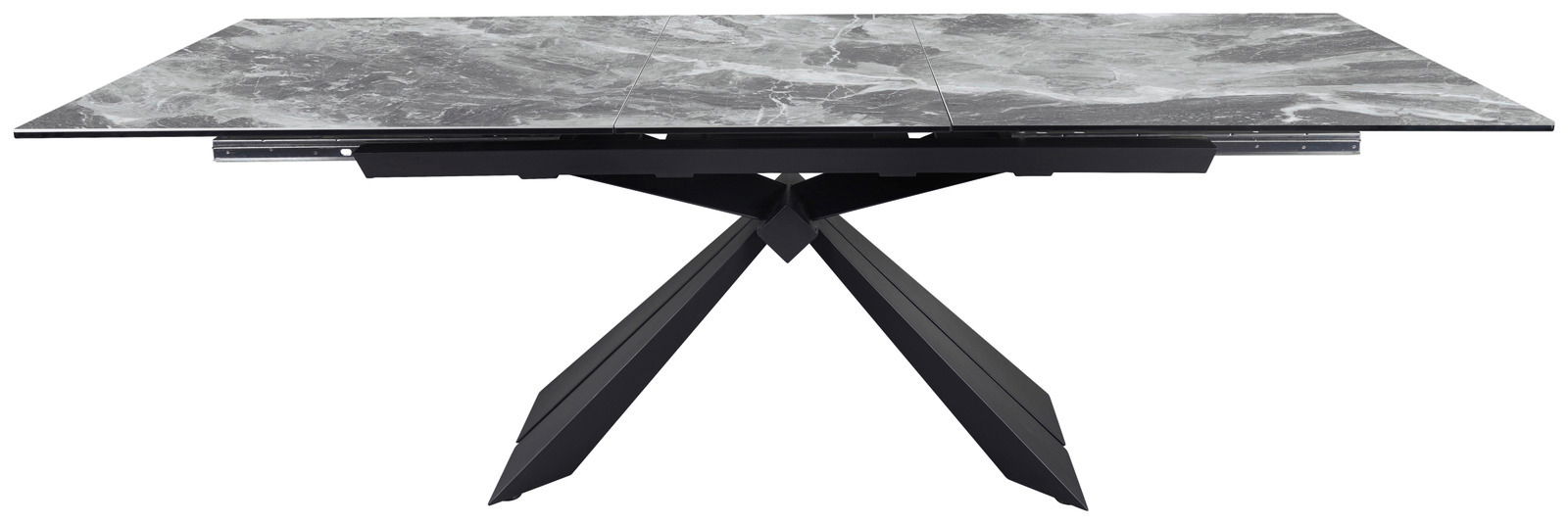 Moderner Esstisch mit grauer Marmoroptik und schwarzem, geometrischem Untergestell, seitliche Perspektive