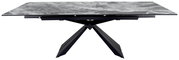 Moderne eettafel met grijze marmerlook en een zwart, geometrisch onderstel, zijaanzicht