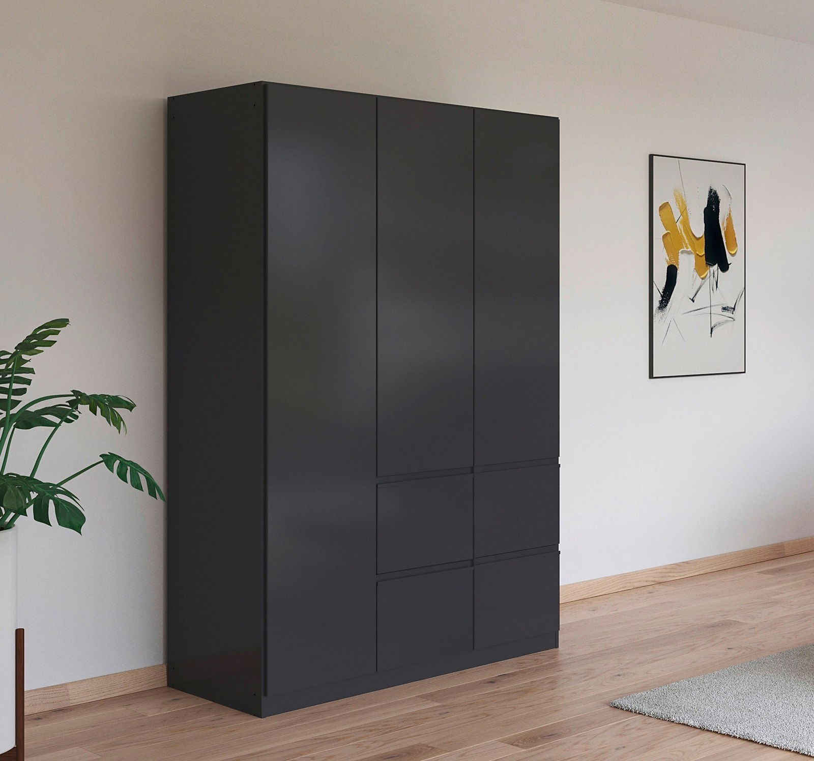 Drehtürenschrank 3-türig in schwarzem Design, seitliche Perspektive, aufgestellt in einem modernen Raum mit Holzboden, Pflanze und abstraktem Kunstwerk an der Wand.