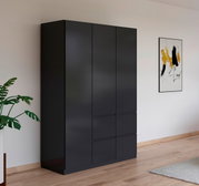 Drehtürenschrank 3-türig in schwarzem Design, seitliche Perspektive, aufgestellt in einem modernen Raum mit Holzboden, Pflanze und abstraktem Kunstwerk an der Wand.