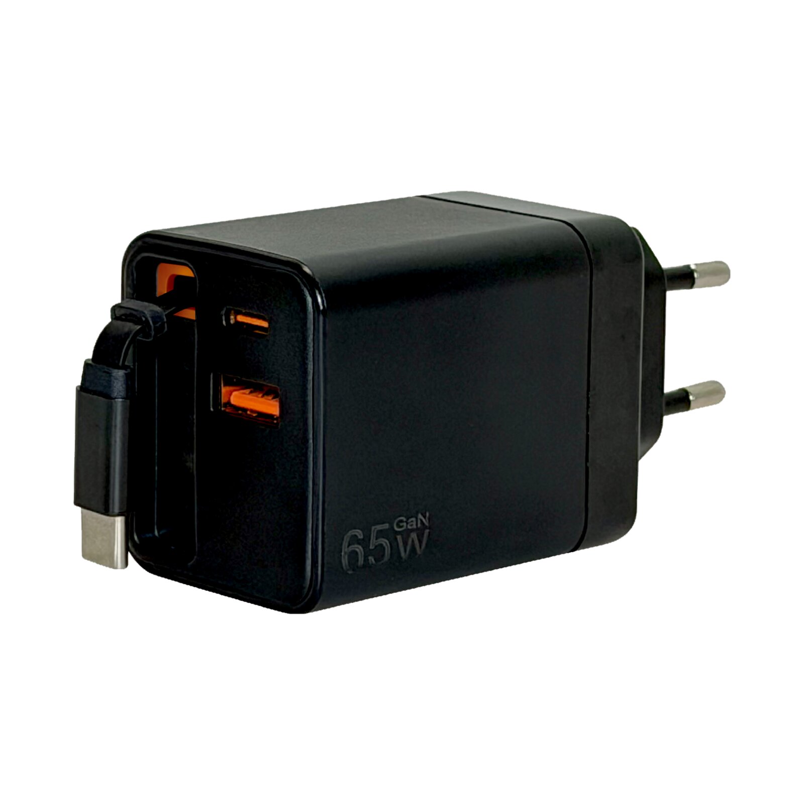 Schwarzes GaN-USB-Ladegerät mit 65W, EU-Stecker, einem USB-C- und einem USB-A-Anschluss sowie integriertem ausziehbarem USB-C-Kabel, schräg von vorne links fotografiert