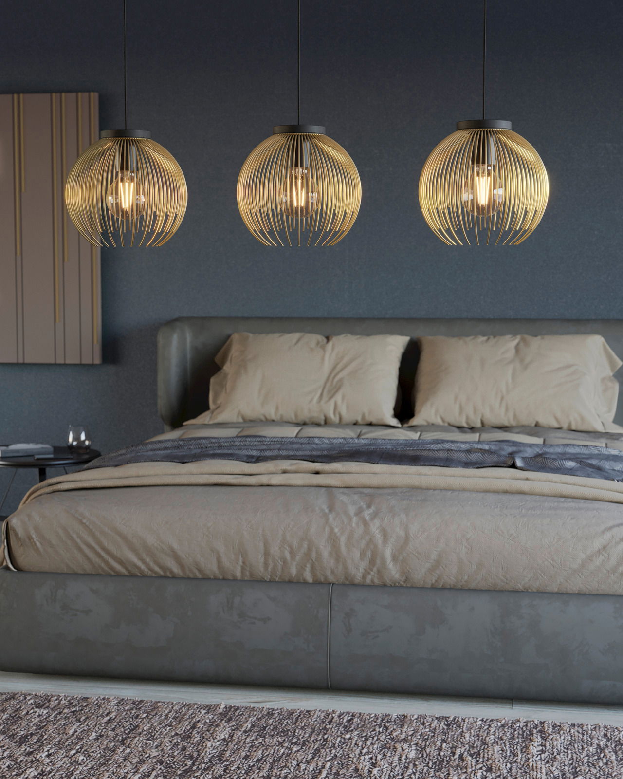 Eglo Leuchten Pendelleuchte VENEZUELA Drei moderne Pendelleuchten Venezuela in einem Schlafzimmer, aus der Perspektive über dem Bett hängend.