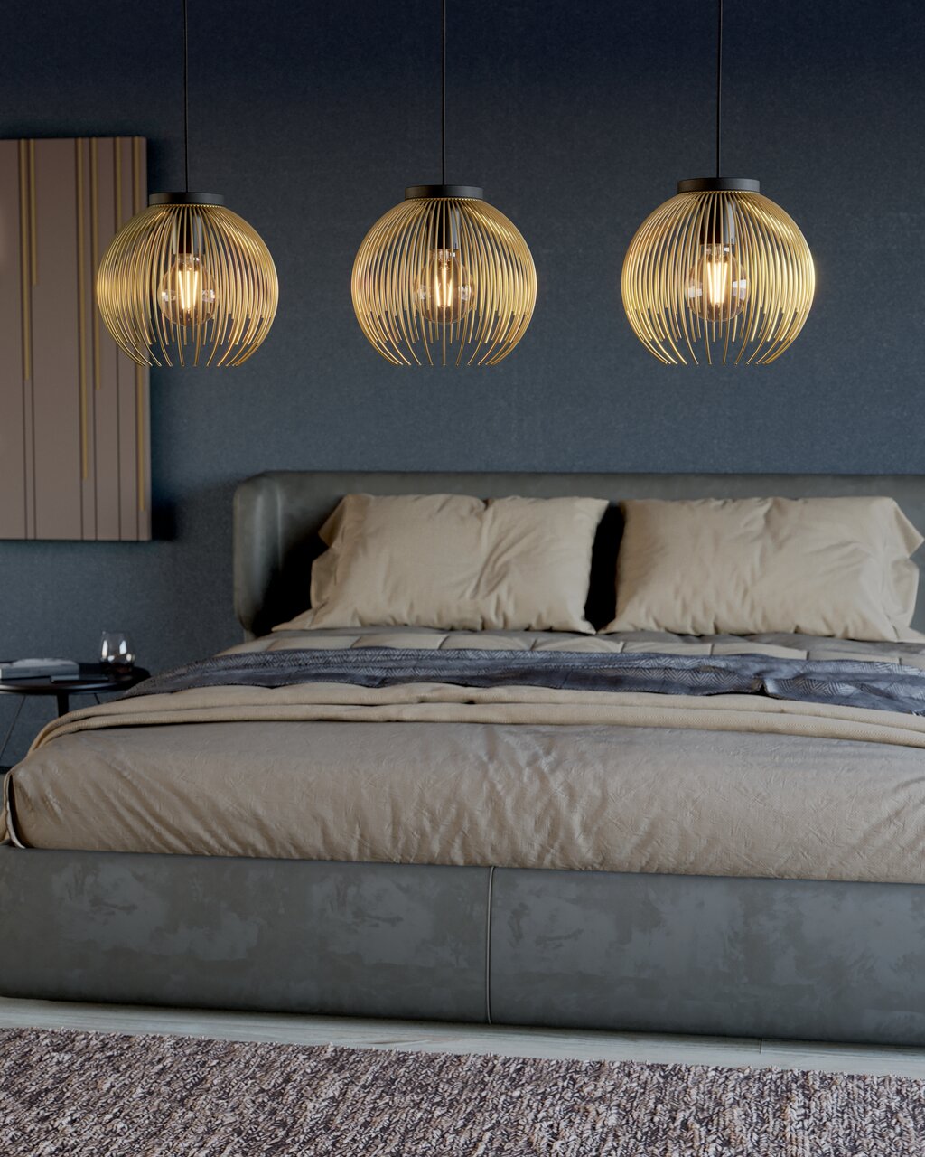 Eglo Leuchten Pendelleuchte VENEZUELA Drei moderne Pendelleuchten Venezuela in einem Schlafzimmer, aus der Perspektive über dem Bett hängend.