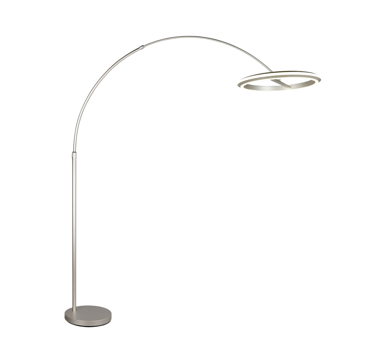 Moderne LED-Bogenleuchte in seitlicher Perspektive mit elegantem, gebogenem Design und rundem Lampenschirm.