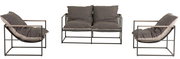 Drei graue Lounge-Sessel mit Metallrahmen, zwei in Seitenansicht und einer frontal, mit weichen Kissen.