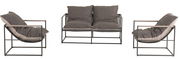 Drei graue Lounge-Sessel mit Metallrahmen, zwei in Seitenansicht und einer frontal, mit weichen Kissen.