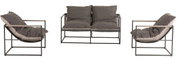 Drei graue Lounge-Sessel mit Metallrahmen, zwei in Seitenansicht und einer frontal, mit weichen Kissen.