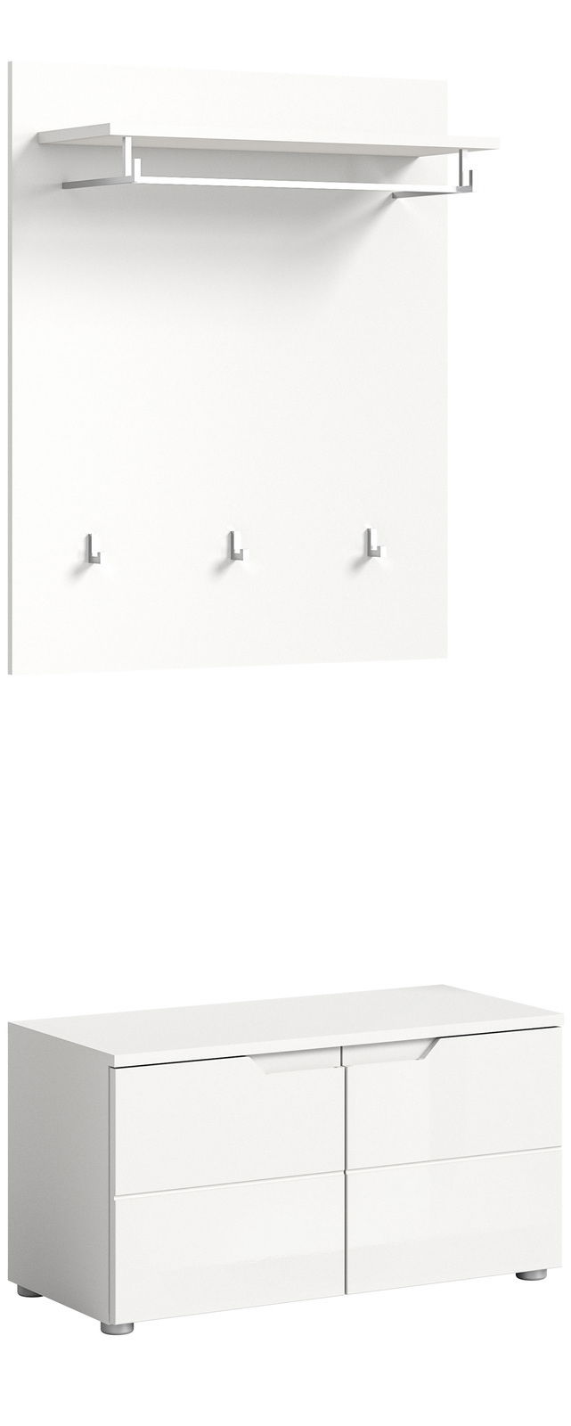 MID.YOU Garderobenkombination HILTON Weiße Garderobenkombination mit Wandpaneel, Kleiderstange, Haken und Schuhschrank, seitliche Perspektive