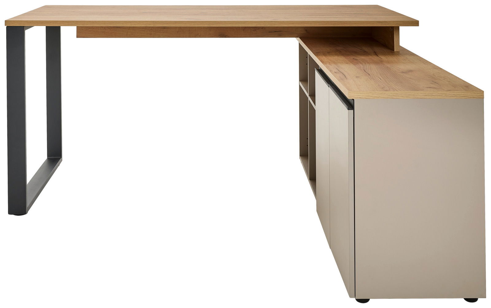 Moderner Winkelschreibtisch mit Holzoberfläche und Metallbeinen, seitliche Perspektive