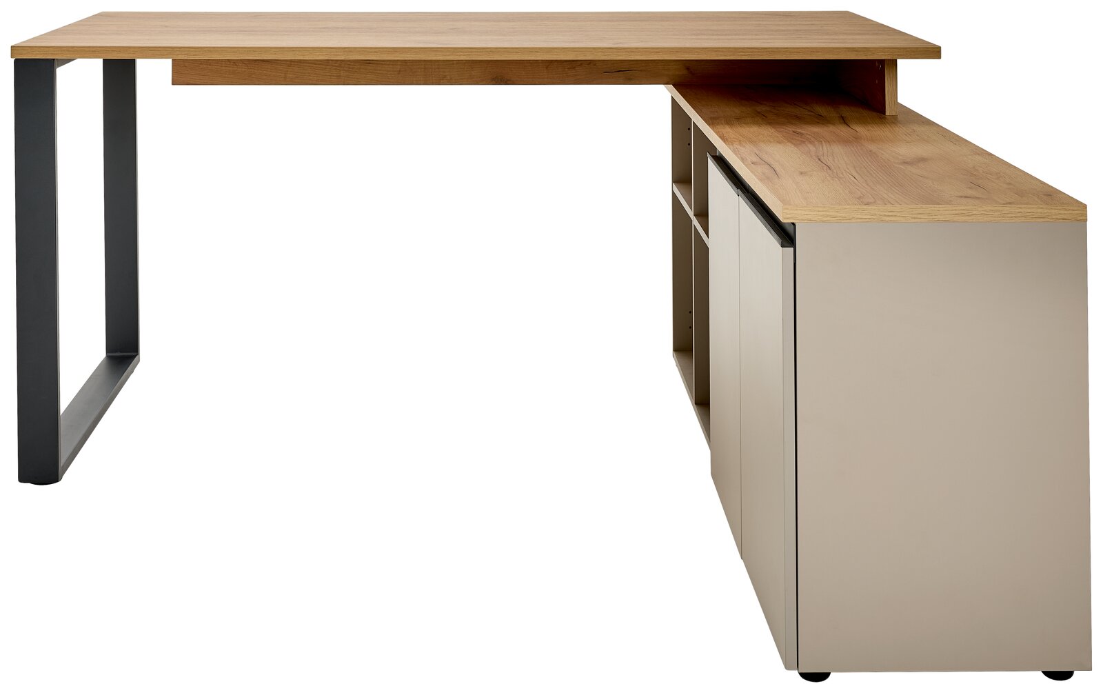 Moderner Winkelschreibtisch mit Holzoberfläche und Metallbeinen, seitliche Perspektive