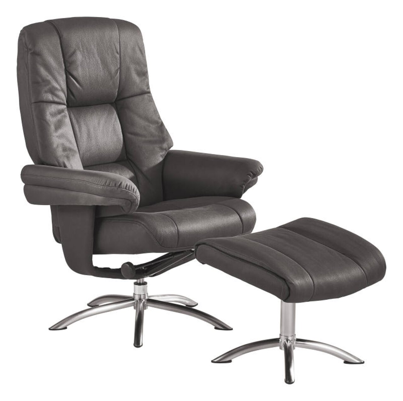 Schwarzer Relaxsessel mit passendem Hocker, seitliche Perspektive