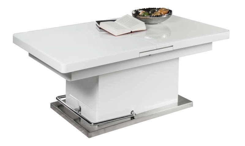 Moderner weißer Funktions-Couchtisch mit rechteckiger Tischplatte, seitlicher Perspektive, dekoriert mit einem Buch und einer Schale.