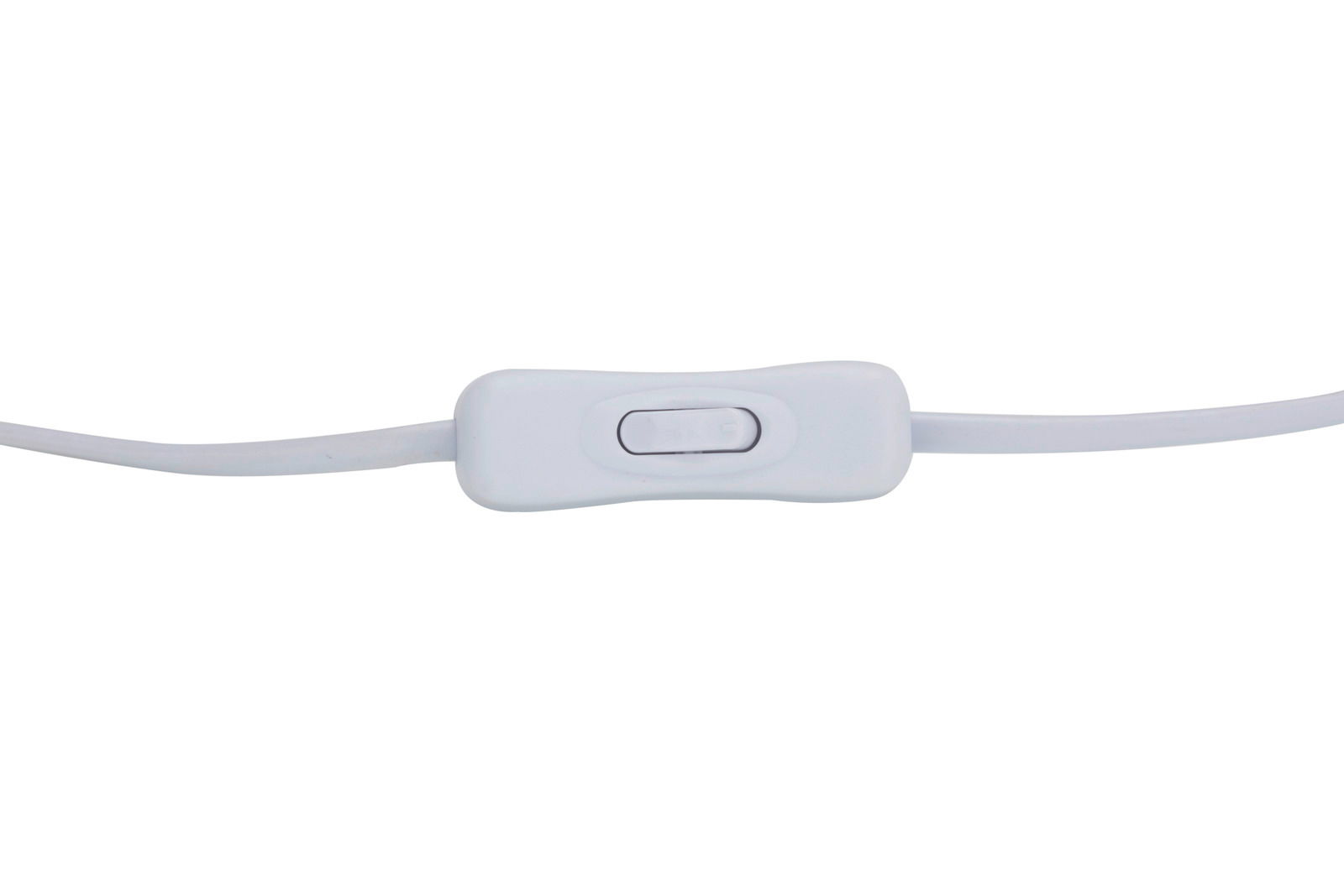 Nahaufnahme eines weißen Kabelschalters für eine Tischleuchte, seitliche Perspektive.