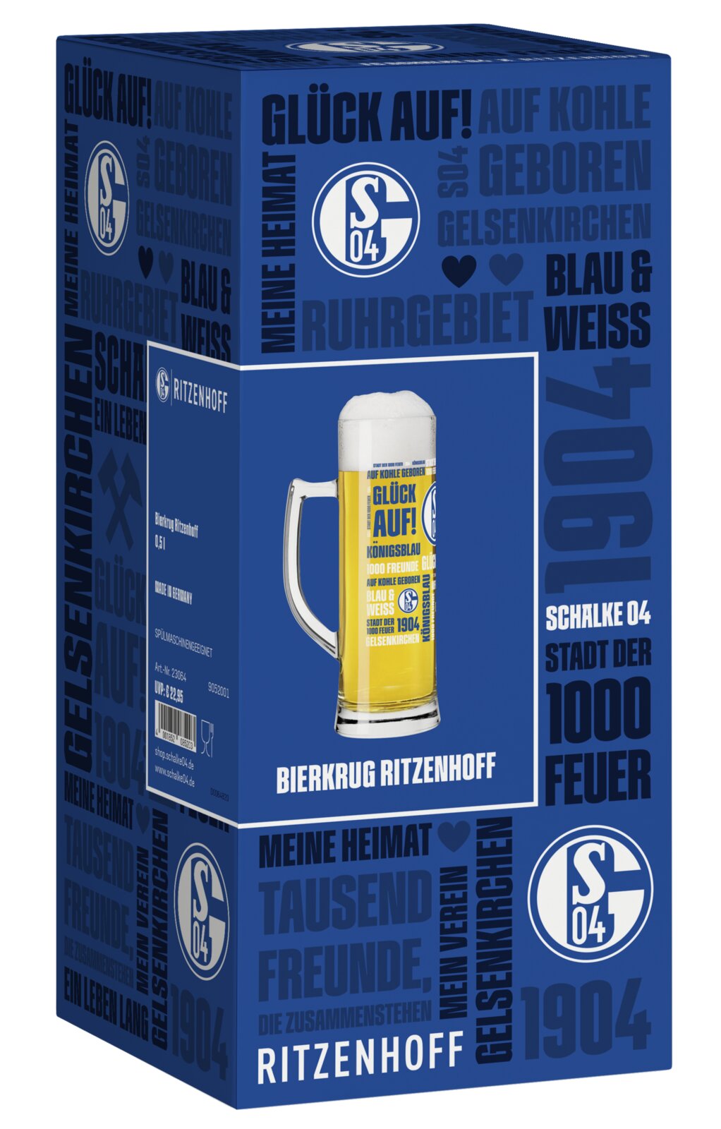 Schrägansicht der blau gestalteten Verpackung eines Ritzenhoff-Bierkrugs im FC-Schalke-04-Design mit Vereinslogos und Abbildung des gefüllten Glaskrugs.