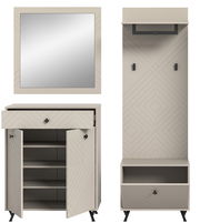 Garderobenkombination in modernem Design mit geometrischen Mustern, bestehend aus einem Spiegel, einem Schrank mit Schublade und Regalfächern sowie einer Garderobenleiste mit Haken. Frontalansicht.