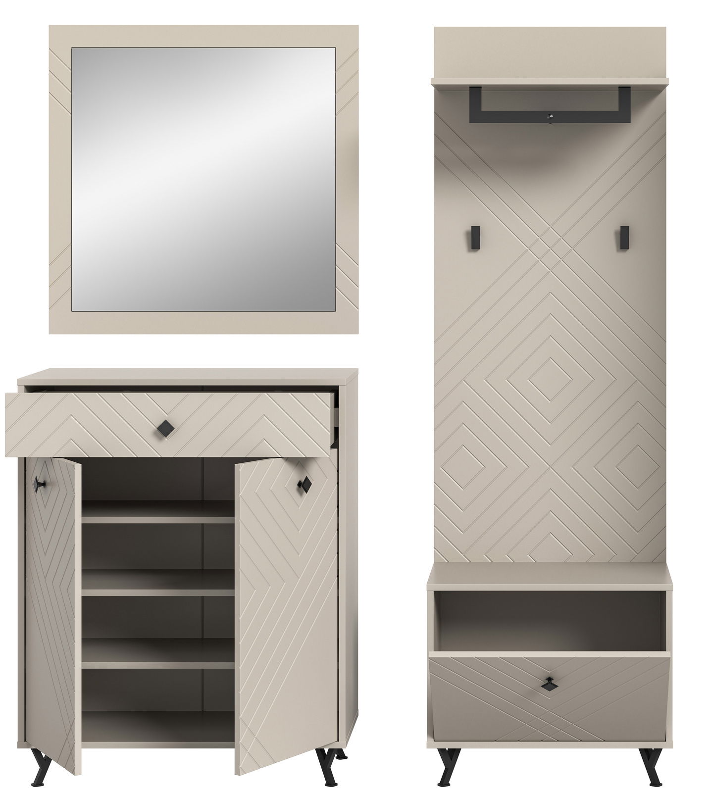 Garderobenkombination in modernem Design mit geometrischen Mustern, bestehend aus einem Spiegel, einem Schrank mit Schublade und Regalfächern sowie einer Garderobenleiste mit Haken. Frontalansicht.